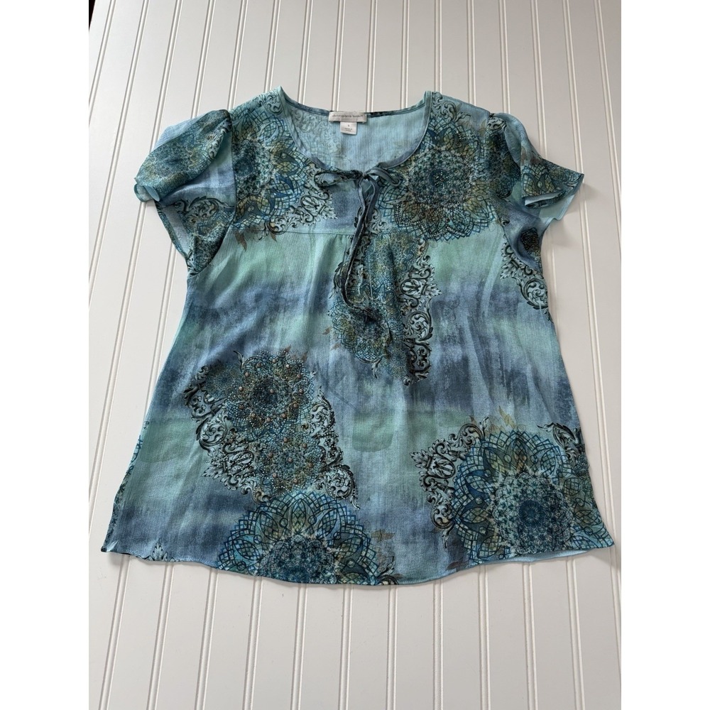 Christopher & Banks Women's Sheer Studded‎ Top S Teal Geometric Boho
